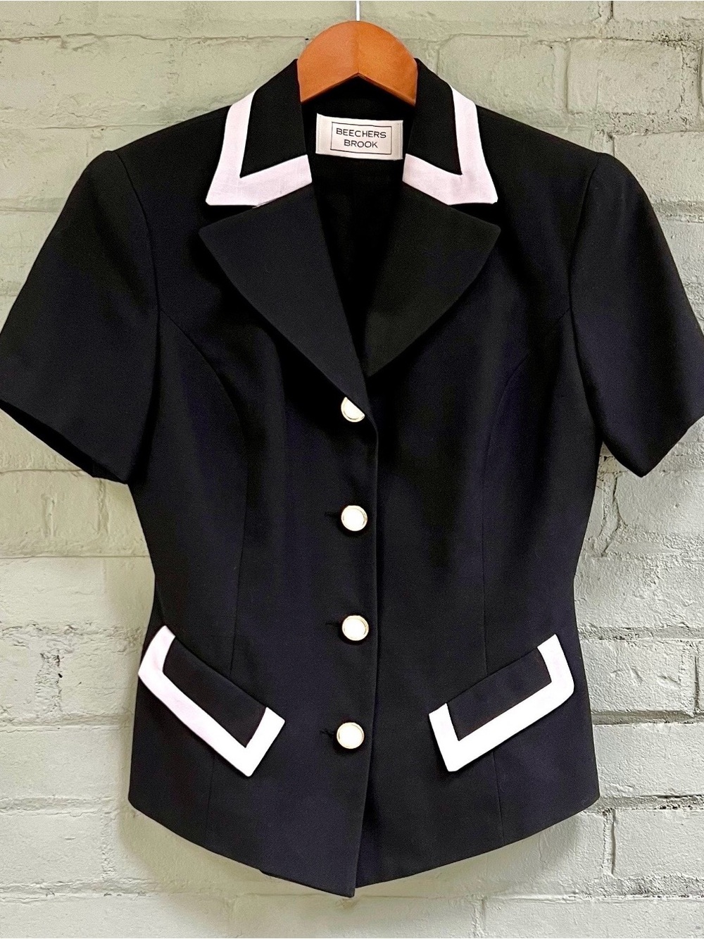 Vintage Short-Sleeve Blazer - Black with White Contrast Trim